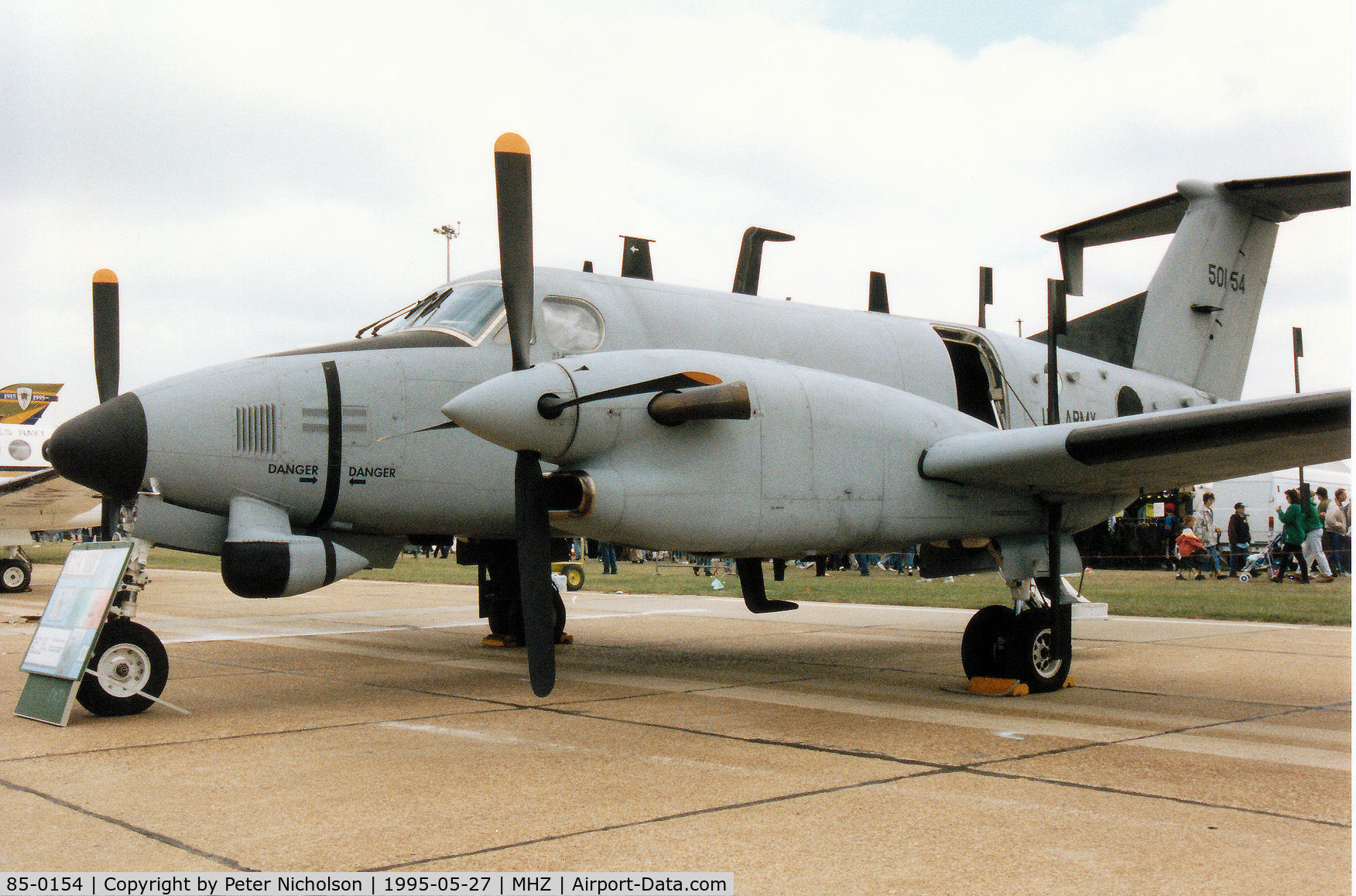 85-0154, 1985 Beech RC-12K Huron C/N FE-008, RC-12K Huron, callsign Argus 69, of 1st Military Intelligence Battalion at Weisbaden on display at the 1995 Mildenhall Air Fete.