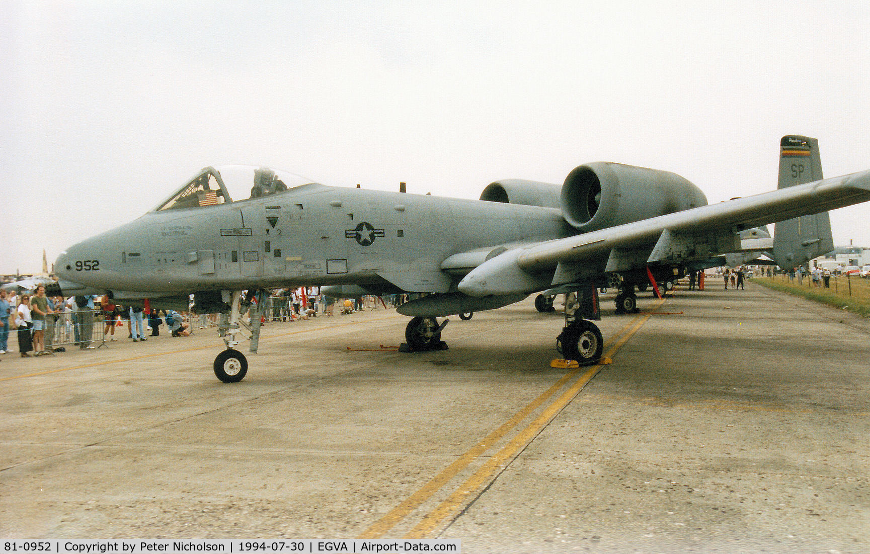 81-0952, 1981 Fairchild Republic A-10A Thunderbolt II C/N A10-0647, Another view of Warhog 1, an A-10A Thunderbolt of Spangdahlem's 81st Fighter Squadron/52nd Fighter Wing on display at the 1994 Intnl Air Tattoo at RAF Fairford.