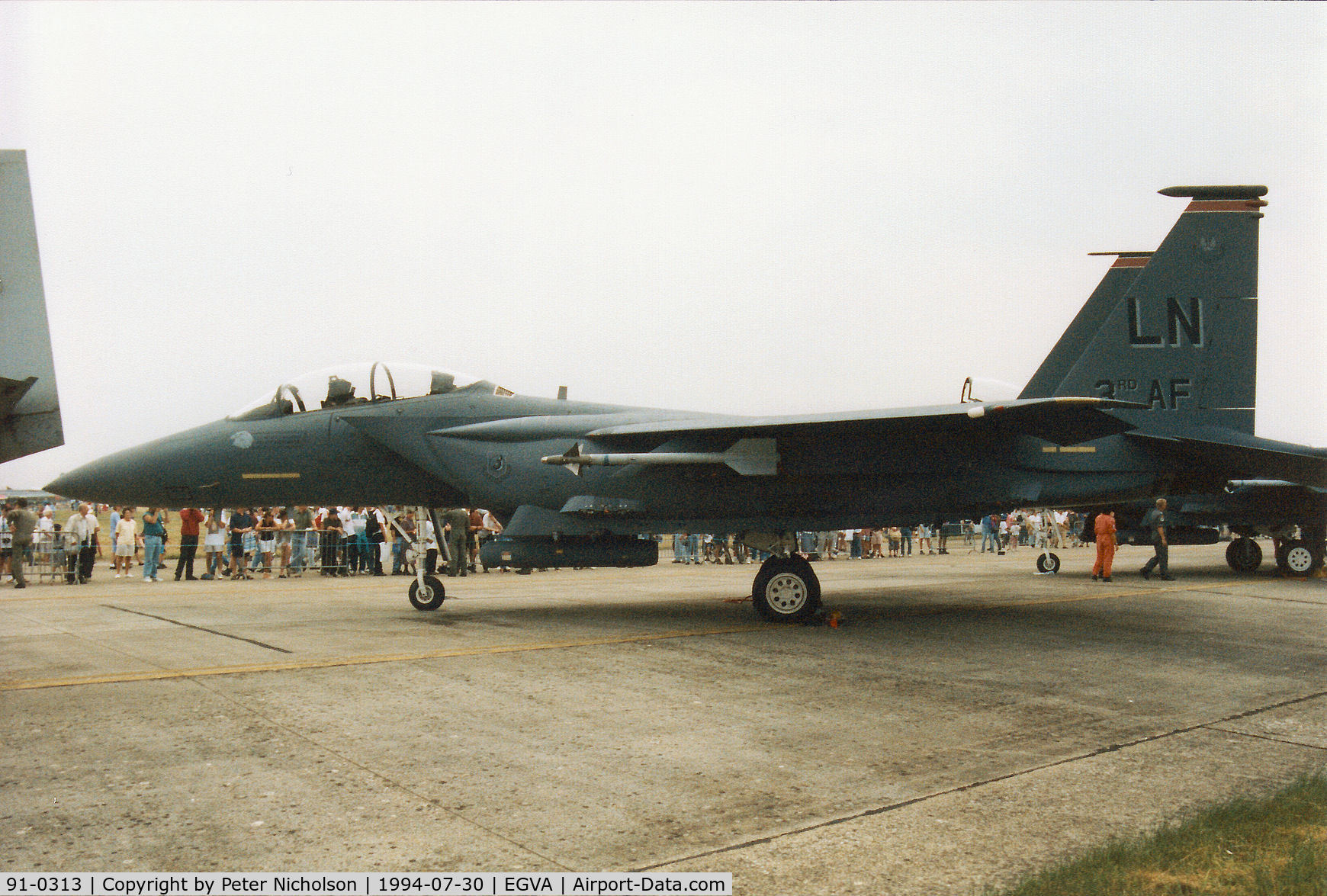 91-0313, 1991 McDonnell Douglas F-15E Strike Eagle C/N 1220/E178, F-15E Strike Eagle, callsign Snake 12, of RAF Lakenheath's 494th Fighter Squadron/48th Fighter Wing on display at the 1994 Intnl Air Tattoo at RAF Fairford.