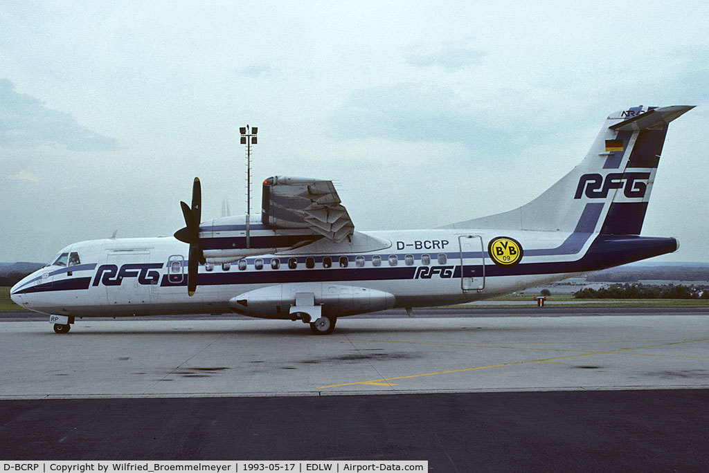 D-BCRP, 1989 ATR 42-300QC C/N 158, Eurowings, still in RFG Regionalflug GmbH colors and with BVB09 sticker (soccerteam Borussia Dortmund).