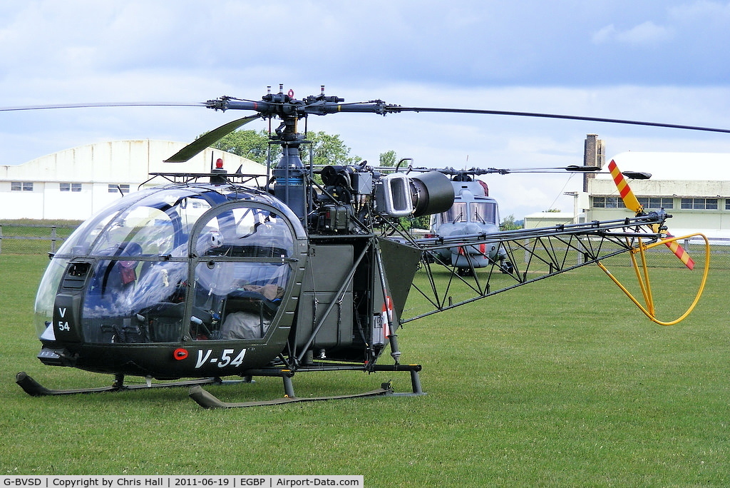 G-BVSD, 1964 Sud SE-3130 Alouette II C/N 1897, painted in its former Swiss Air Force colours and wearing the serial number V-54 on static display at the Cotswold Airshow