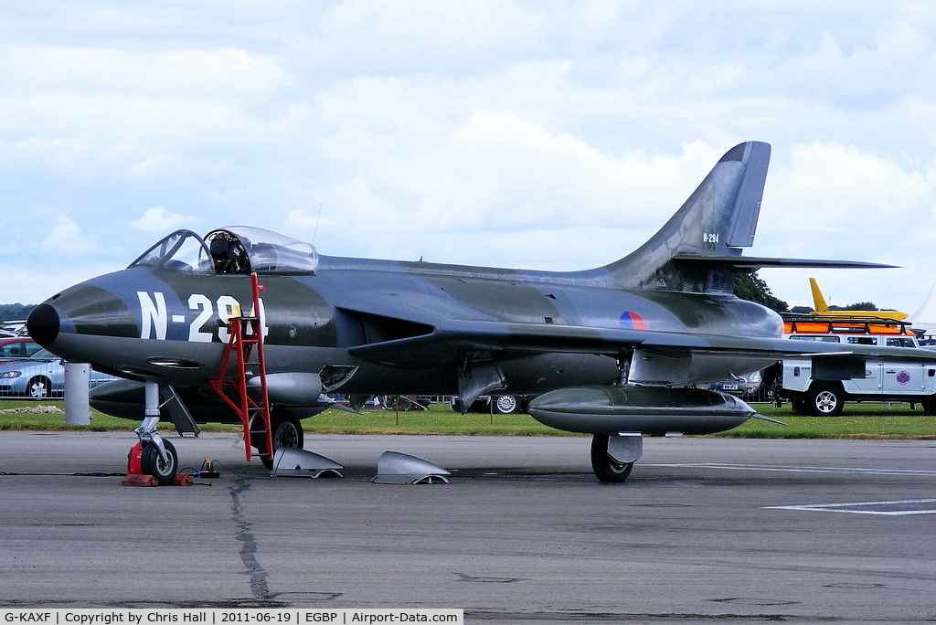 G-KAXF, 1956 Hawker Hunter F.6A C/N S4/U/3361, parked on the flight line prior to its display at the Cotswold Airshow