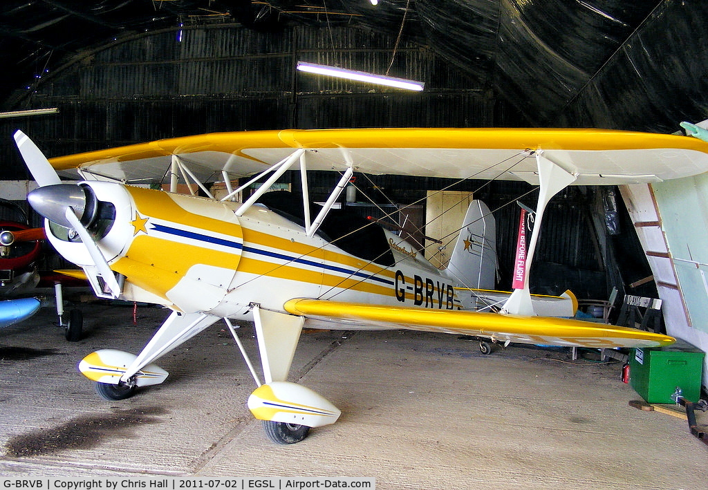 G-BRVB, 1985 Stolp SA-300 Starduster Too C/N 409, in the main hangar at Andrewsfield