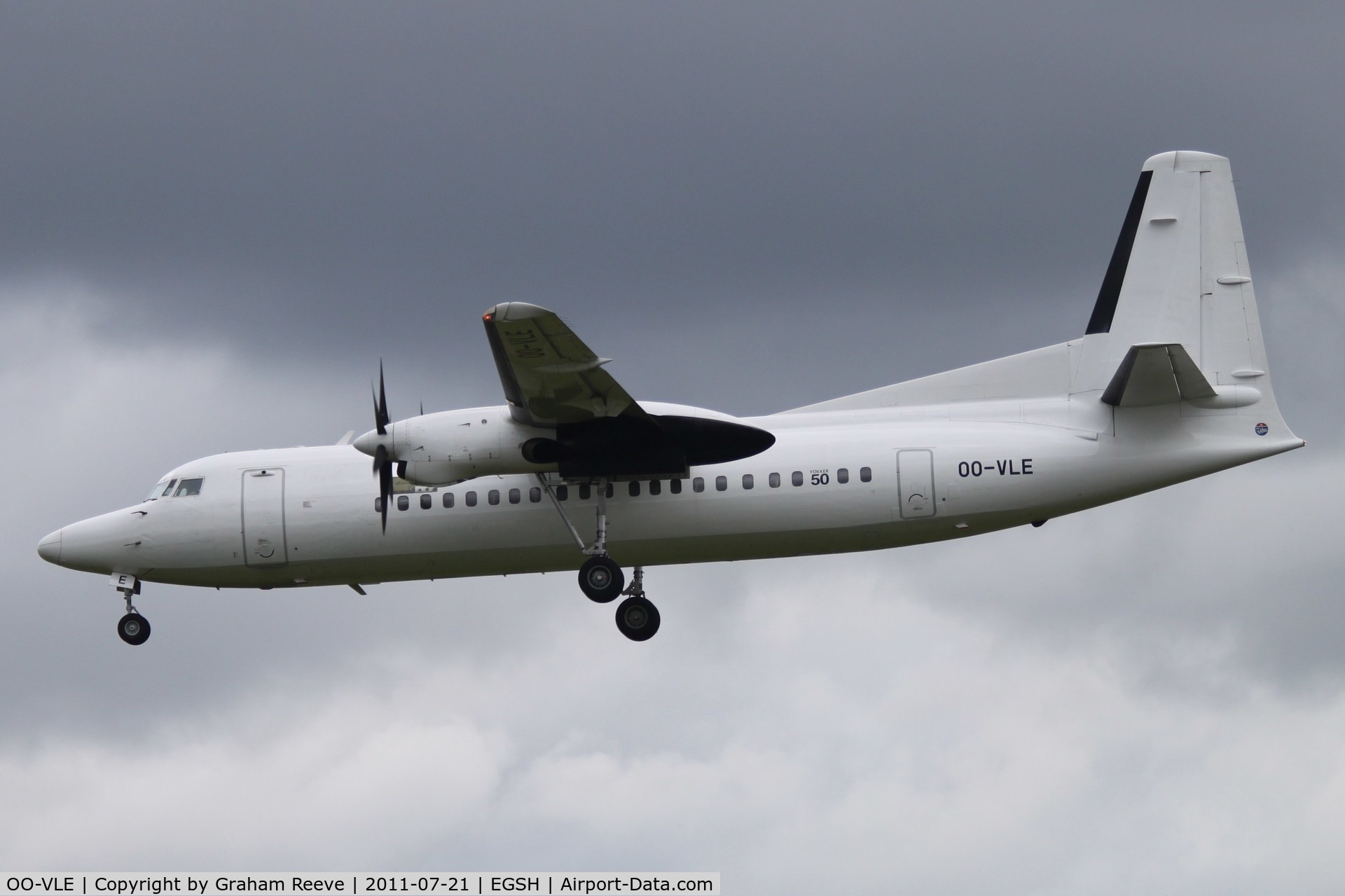 OO-VLE, 1988 Fokker 50 C/N 20132, About to touch down.