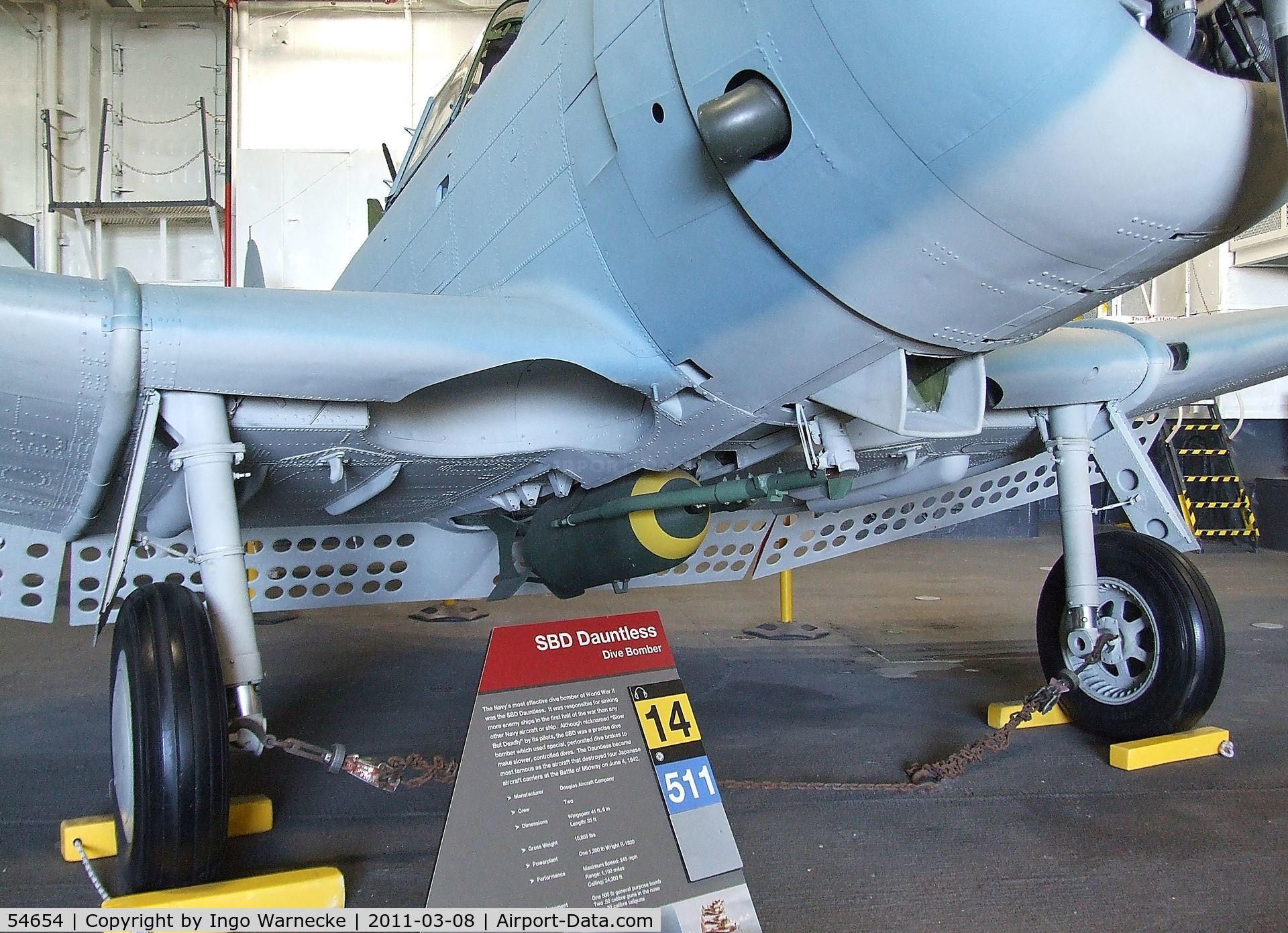 54654, Douglas SBD-6 Dauntless C/N 6168, Douglas SBD-6 Dauntless (rebuilt with aft fuselage of 54654 and parts of other SBDs) in the Hangar of the USS Midway Museum, San Diego CA
