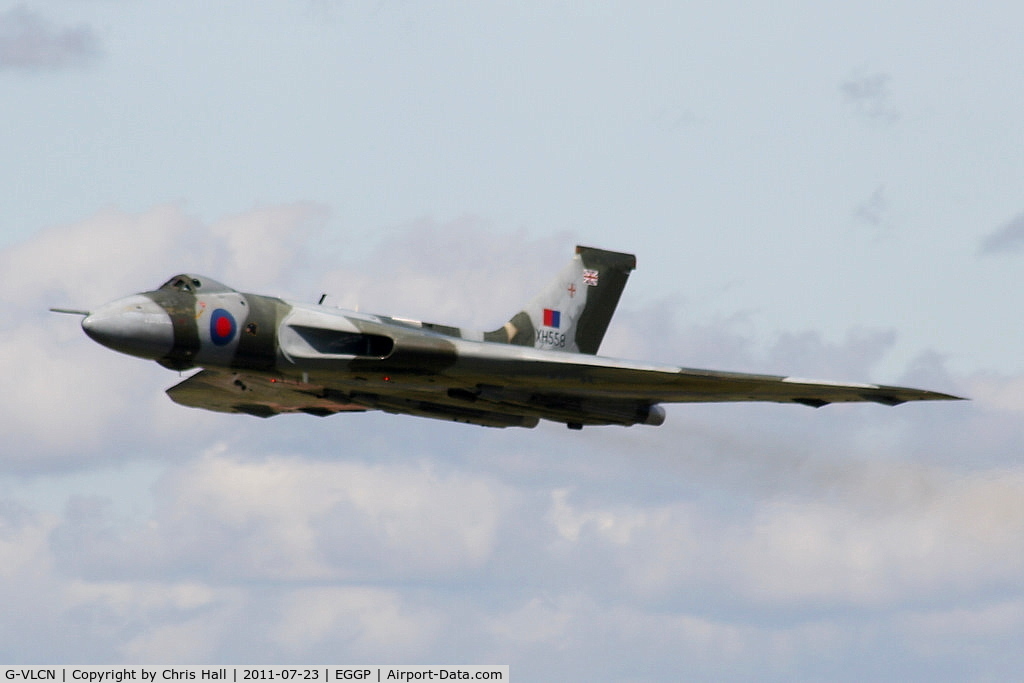 G-VLCN, 1960 Avro Vulcan B.2 C/N Set 12, 'XH558' making a low flypast at Liverpool Airport, taken from the control tower