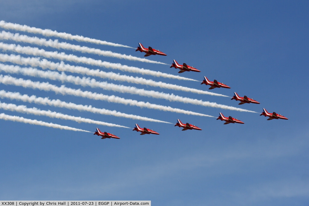 XX308, 1980 Hawker Siddeley Hawk T.1 C/N 143/312133, The Red Arrows performing a flypast at Liverpool Airport