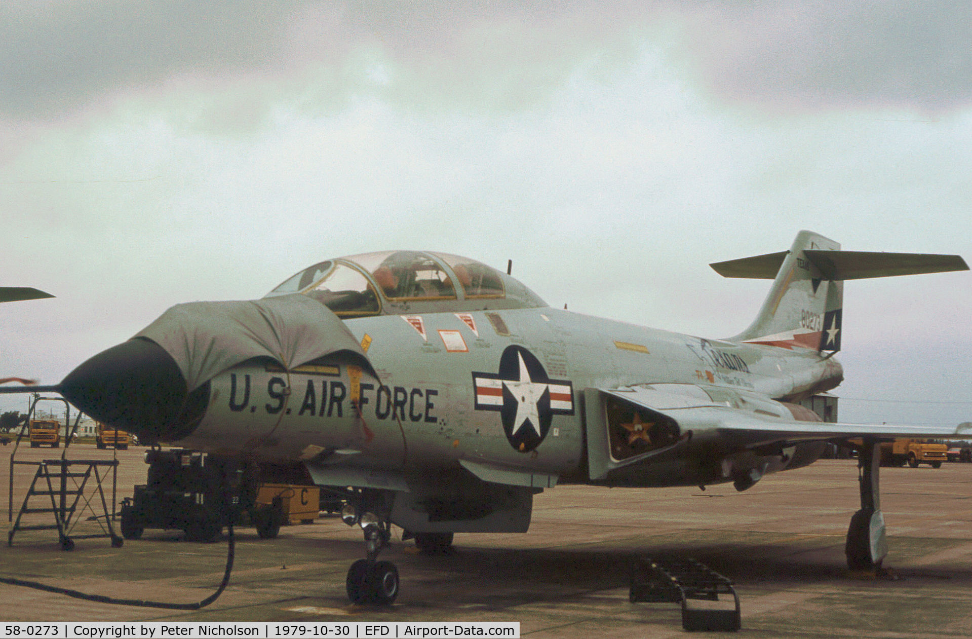 58-0273, 1958 McDonnell F-101B Voodoo C/N 645, F-101B Voodoo of the 111st Fighter Interceptor Squadron/147th Fighter Interceptor Group on the flight-line at Elllington AFB in October 1979.
