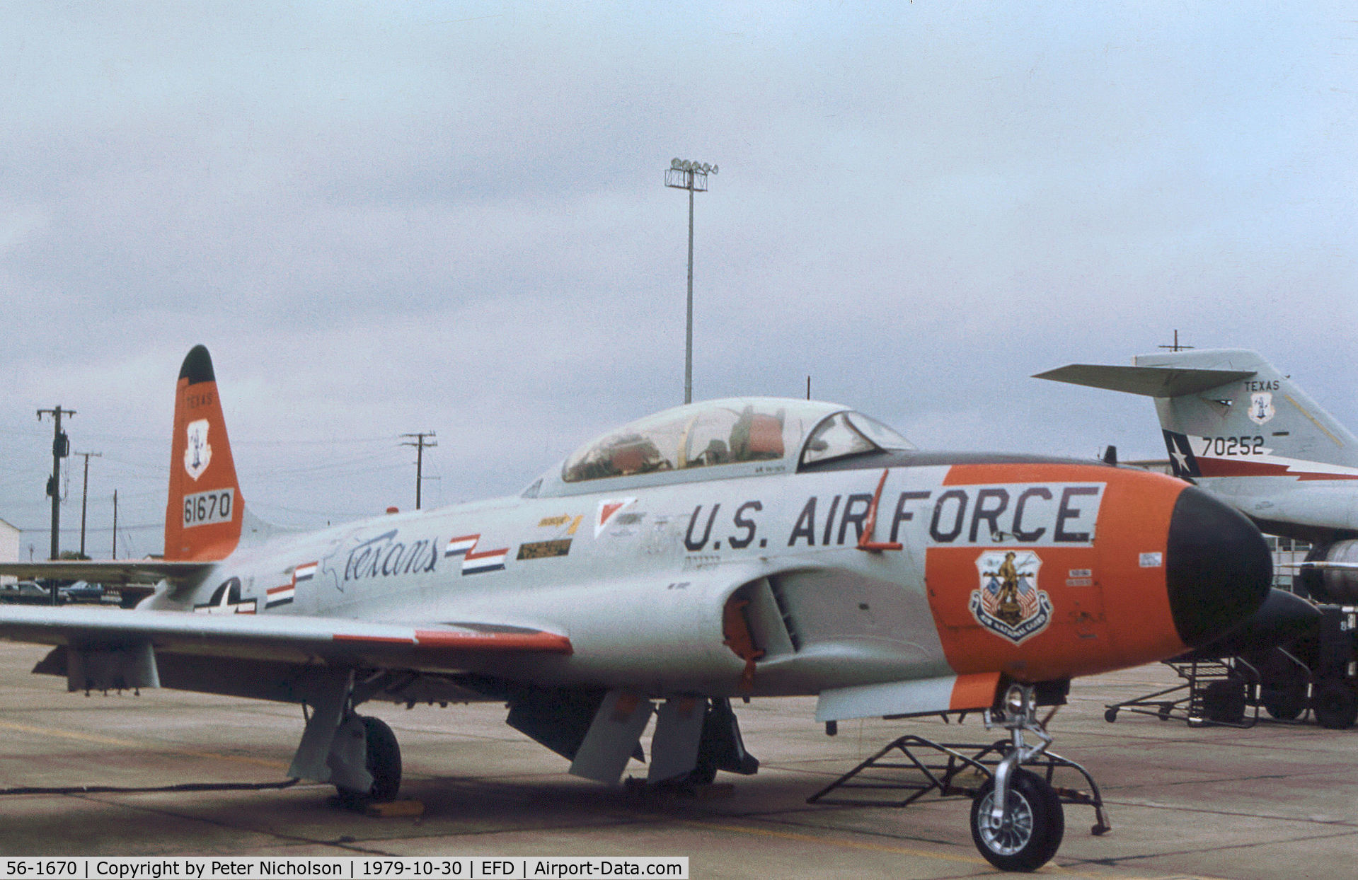 56-1670, 1956 Lockheed T-33A Shooting Star C/N 580-1020, T-33A Shooting Star of the 111st Fighter Interceptor Squadron on the flight-line at Ellington AFB in October 1979.