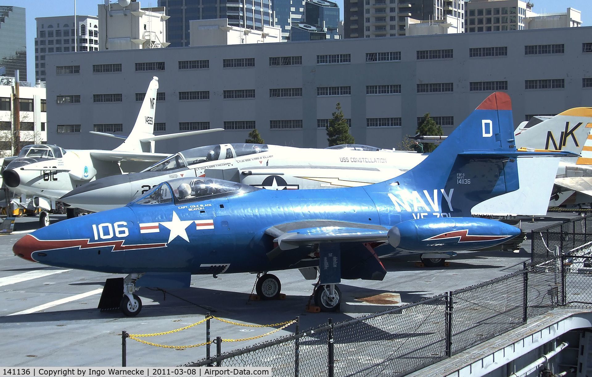 141136, Grumman F9F-8 Cougar C/N Not found 141136, Grumman F9F-5 Panther on the flight deck of the USS Midway Museum, San Diego CA