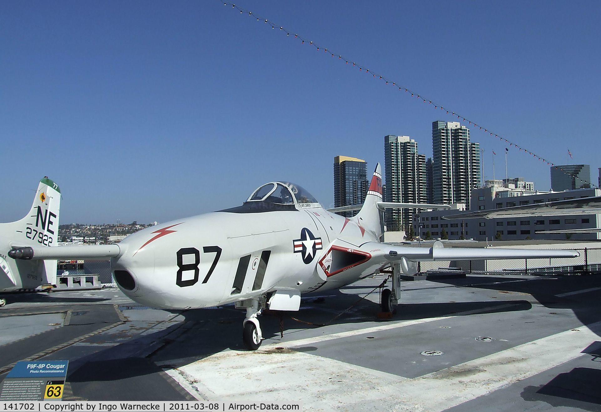 141702, Grumman F9F-8P Cougar C/N Not found 141702, Grumman F9F-8P Cougar on the flight deck of the USS Midway Museum, San Diego CA