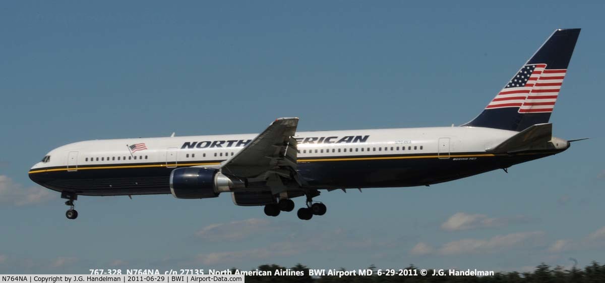 N764NA, 1993 Boeing 767-328 C/N 27135, on final to BWI 33L
