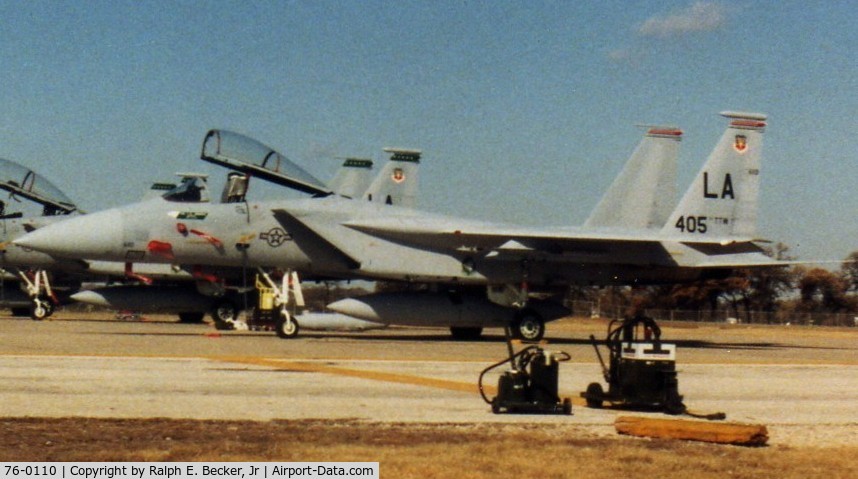 76-0110, 1976 McDonnell Douglas F-15A Eagle C/N 0314/A262, Not the clearest picture, but shows the old girl sporting the 405th TTW Flagship markings...sitting on the ramp at Carswell AFB, TX., 1987.