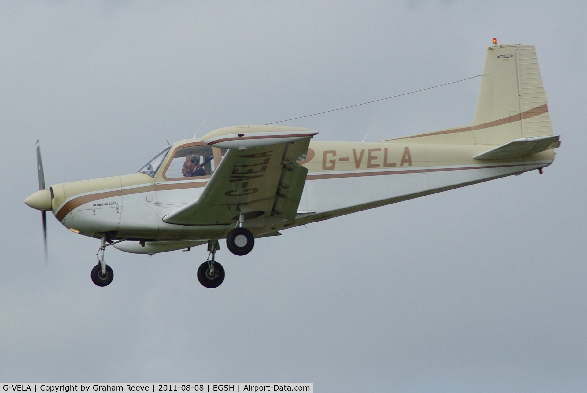 G-VELA, 1968 SIAI-Marchetti S-205-22R C/N 4-149, About to touch down.
