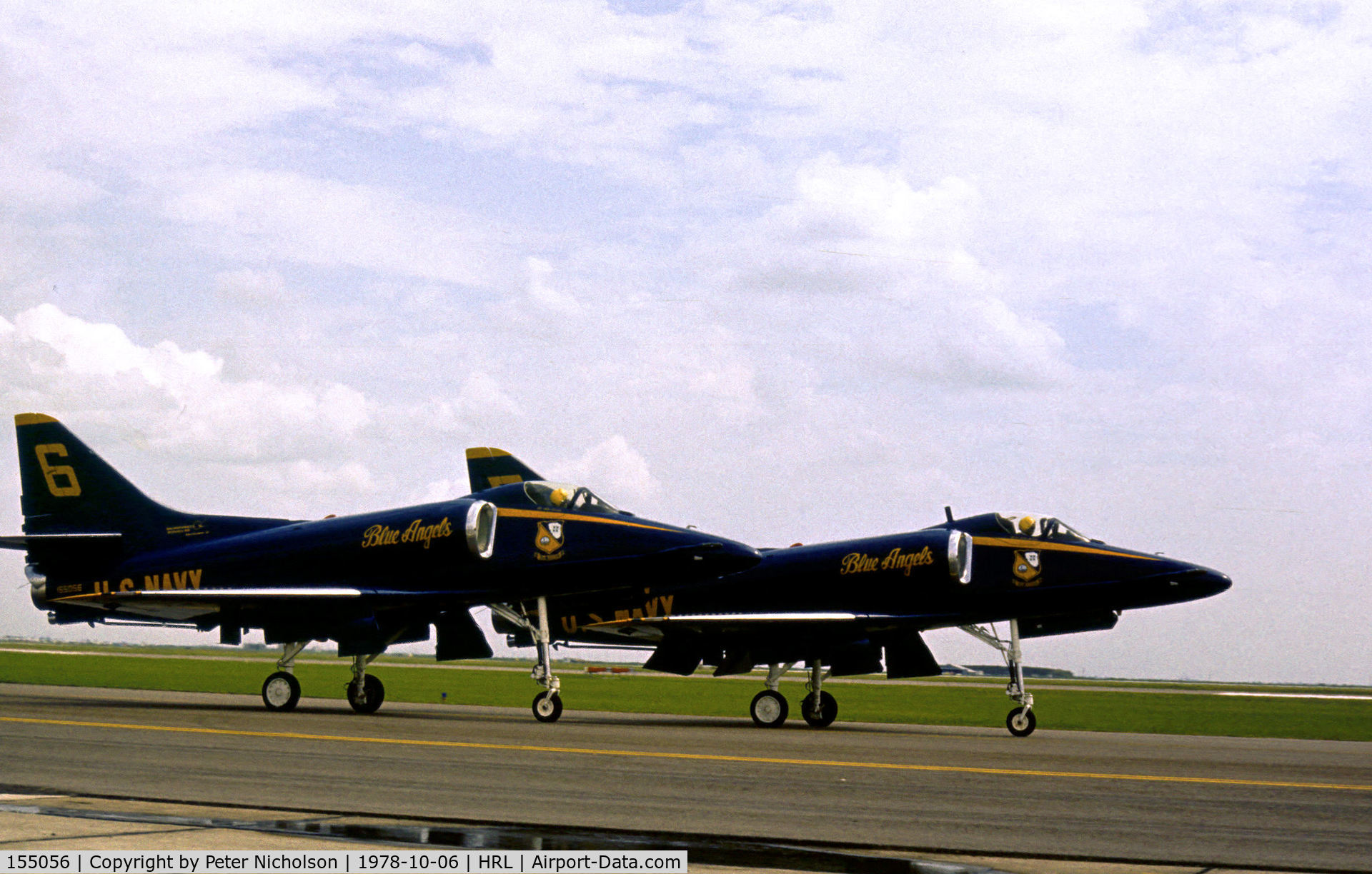 155056, Douglas A-4F Skyhawk C/N 13872, A-4F Skyhawk Blue Angels number 6 with Blue Angel number 5 154983 taxying to the active runway at rthe 1978 Confederate Air Force's Harlingen Airshow.