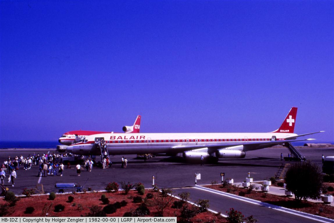 HB-IDZ, 1969 Douglas DC-8-63PF C/N 46074, Photoscan of a 1982 slide on Rhodes Airport /Greece