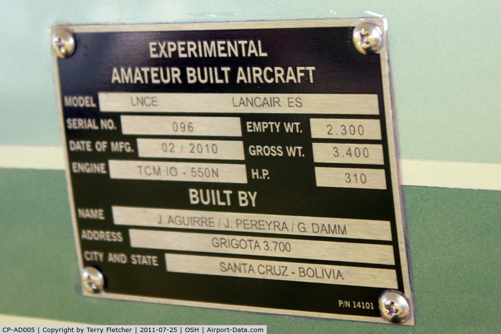 CP-AD005, 2010 Lancair Super ES C/N 096, Data plate from Bolivian registered Lancair Super ES at 2011 Oshkosh