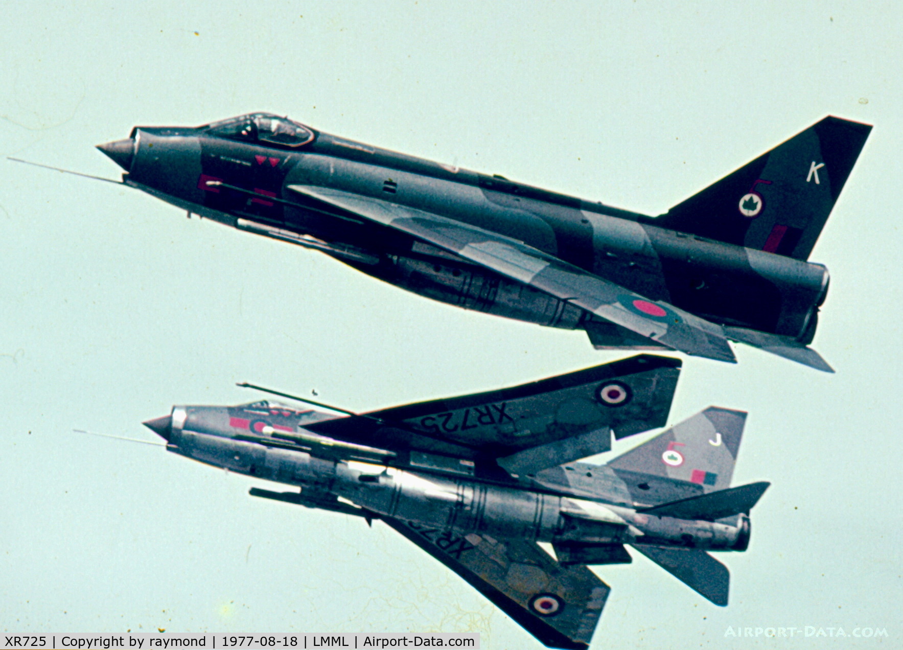 XR725, English Electric Lightning F.6 C/N 95208, Lightnings F6s XR725/J and XS928/K 5Sqd RAF
departing Luqa Airfield, Malta on a local sortie
during an exercise held locally by No.5 Squadron.
The squadron was actually based at RAF Binbrook, UK.
Very nice times indeed!!!