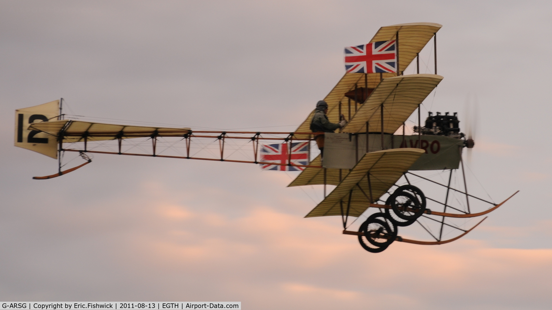 G-ARSG, 1964 Avro Roe Triplane Type IV replica C/N TRI.1, 42. G-ARSG sunset flying at a classic Shuttleworth Evening Air Display, August 2011