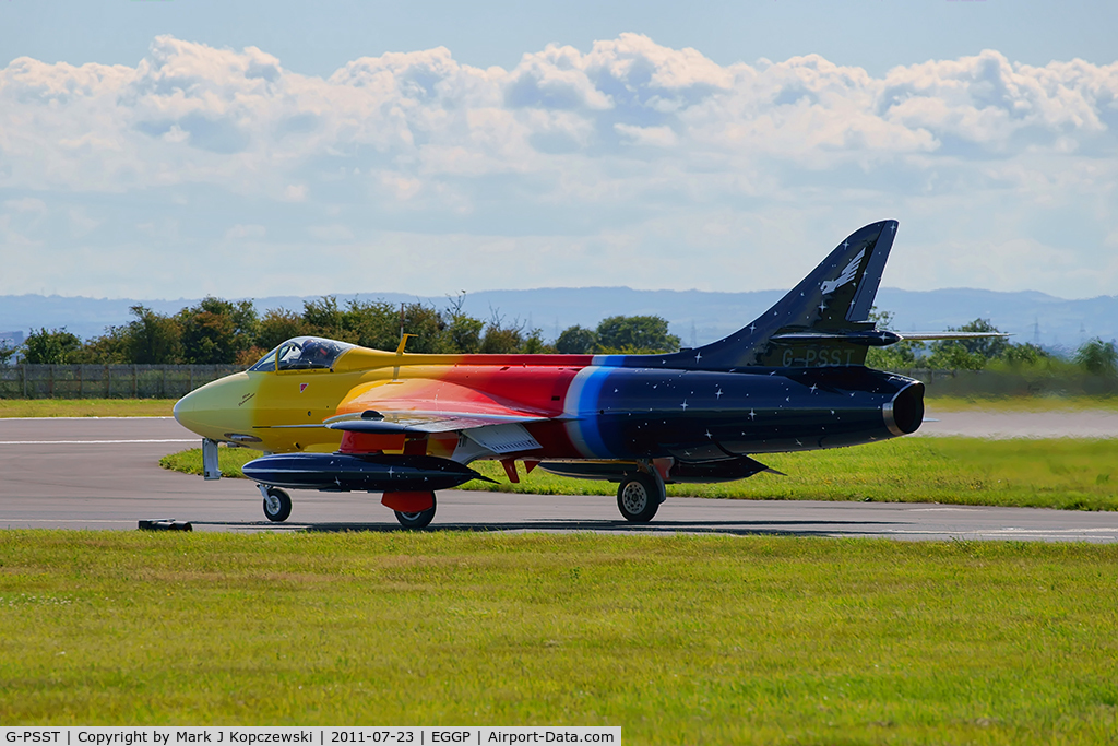 G-PSST, 1959 Hawker Hunter F.58A C/N HABL-003115, 'Miss Demeanour' joining runway 27 from taxiway at Liverpool 'John Lennon' Airport.
