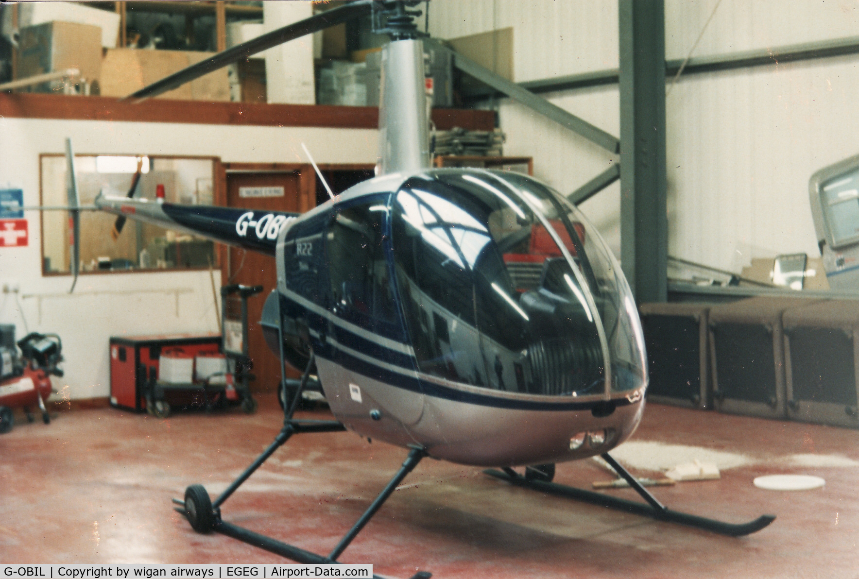 G-OBIL, 1988 Robinson R22 Beta II C/N 0792, in the hanger of Clyde Helicopters, Glasgow City Heliport