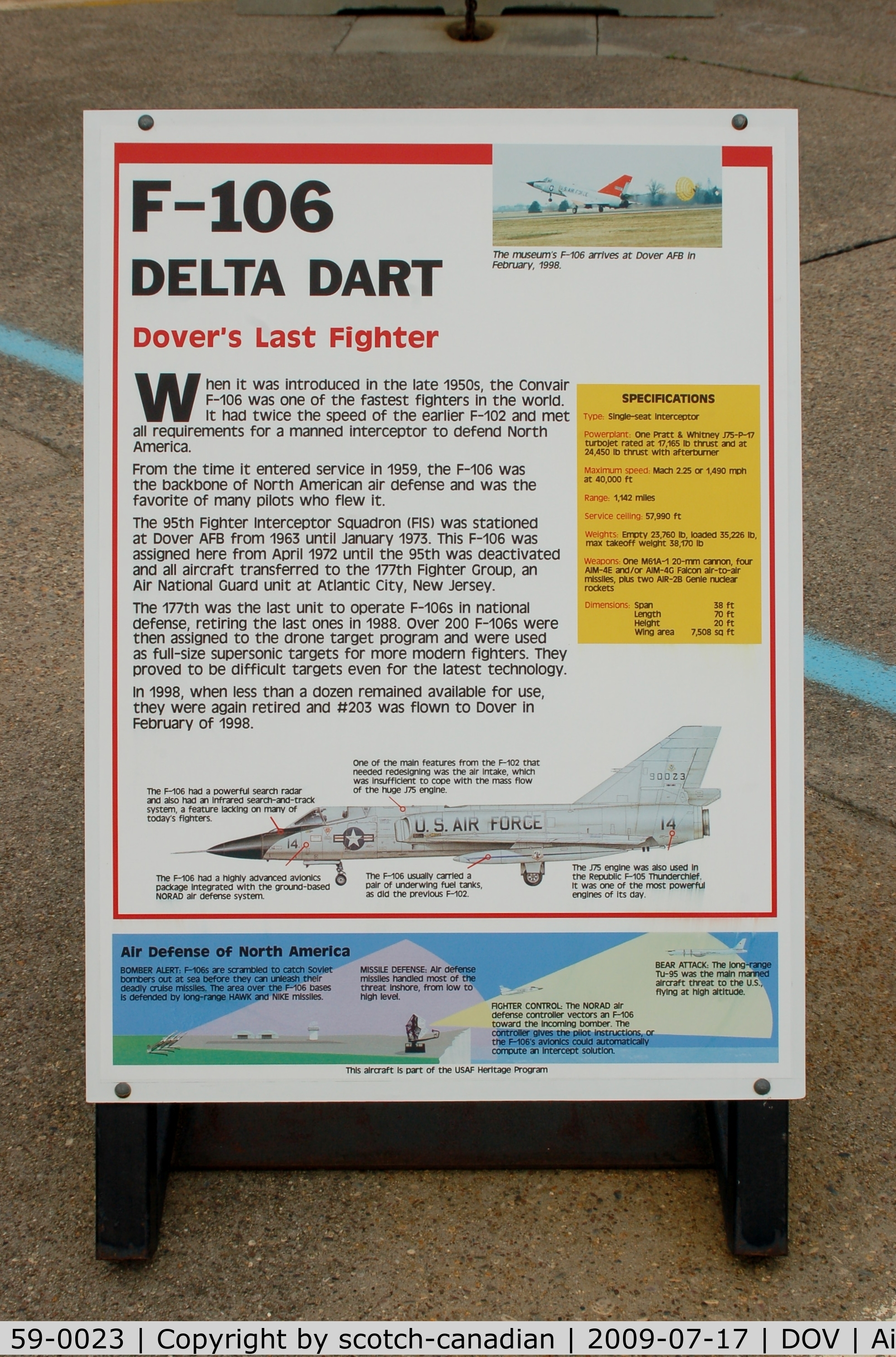 59-0023, 1959 Convair F-106A Delta Dart C/N 8-24-152, Information Plaque for the Convair F-106A Delta Dart at the Air Mobility Command Museum, Dover AFB, DE