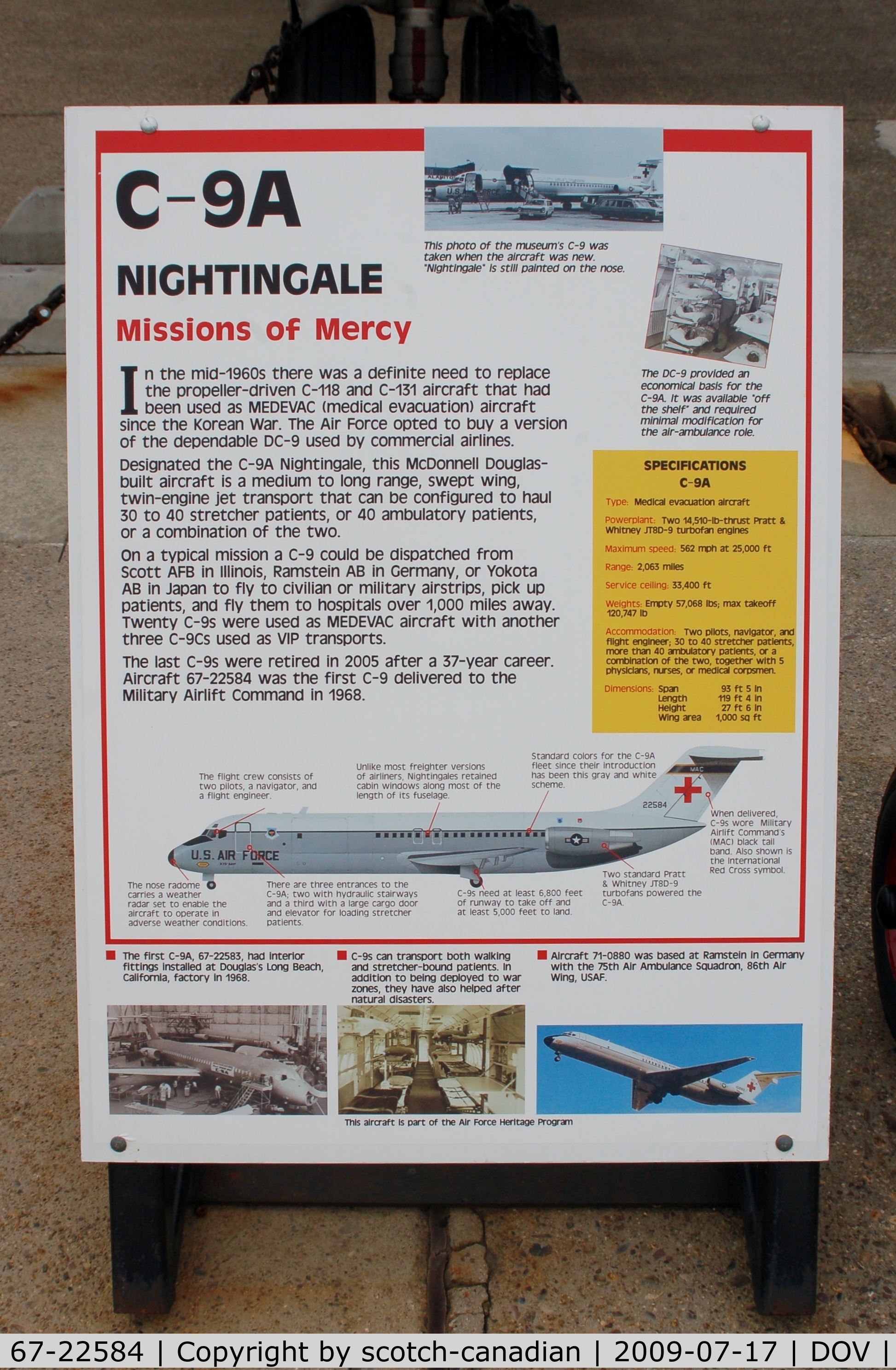 67-22584, 1967 McDonnell Douglas C-9A Nightingale C/N 47242, Information Plaque for the 1967 McDonnell Douglas C-9A Nightingale at the Air Mobility Command Museum, Dover AFB, DE