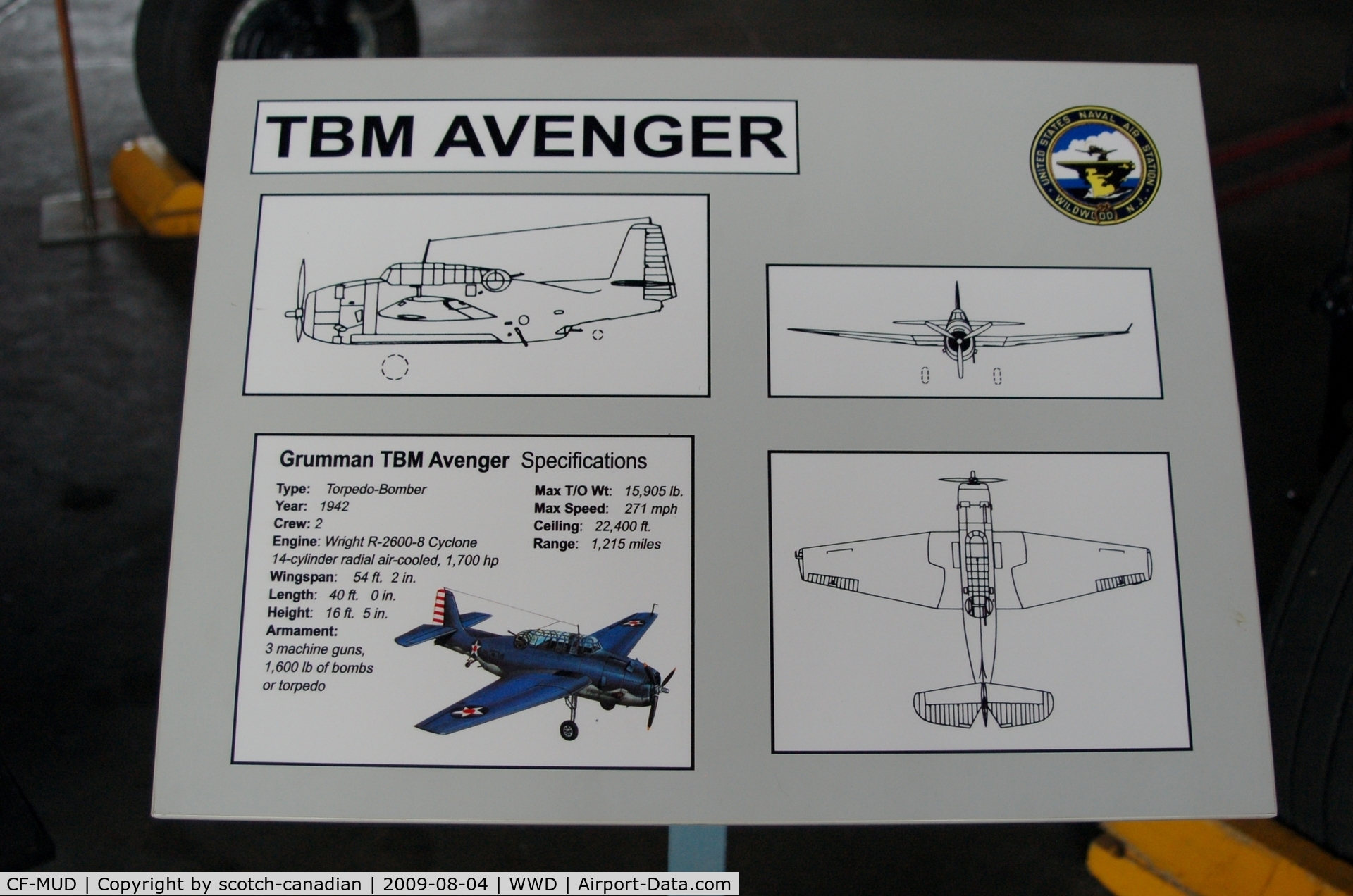 CF-MUD, Grumman TBM-3S Avenger C/N 2999, Grumman TBM-3S Avenger Information Plaque at the Naval Air Station Wildwood Aviation Museum, Cape May County Airport, Wildwood, NJ