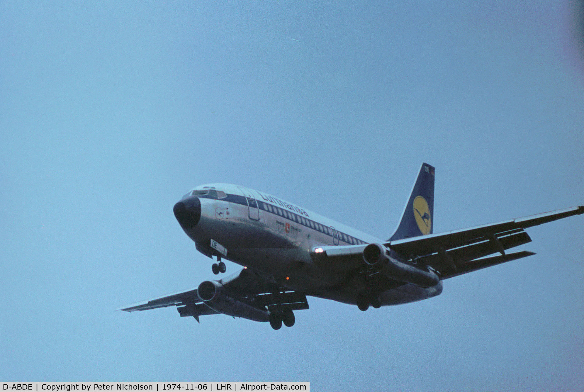 D-ABDE, 1970 Boeing 737-230C C/N 20255, Boeing 727-230C named Bamberg of Lufthansa on final approach to Heathrow in November 1974.