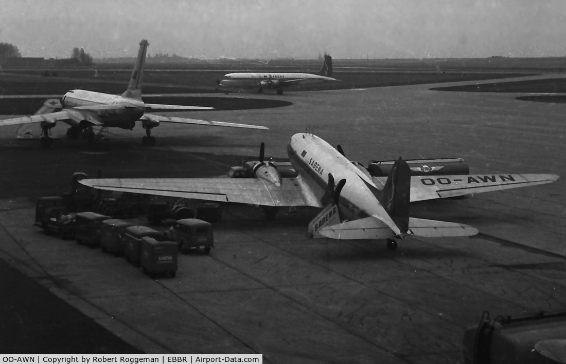 OO-AWN, Douglas C-47A Skytrain (DC-3) C/N 12767, Late 1950's.Tu-104A Aeroflot and DC-7C Sabena in background.