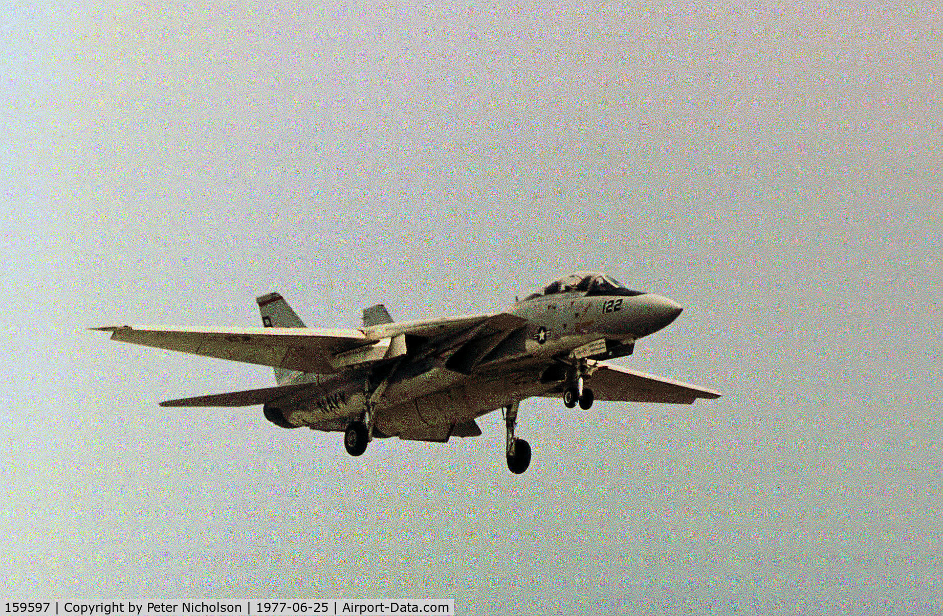 159597, Grumman F-14A Tomcat C/N 144, F-14A Tomcat of Fighter Squadron VF-14 on approach to RAF Greenham Common at the 1977 International Air Tattoo.