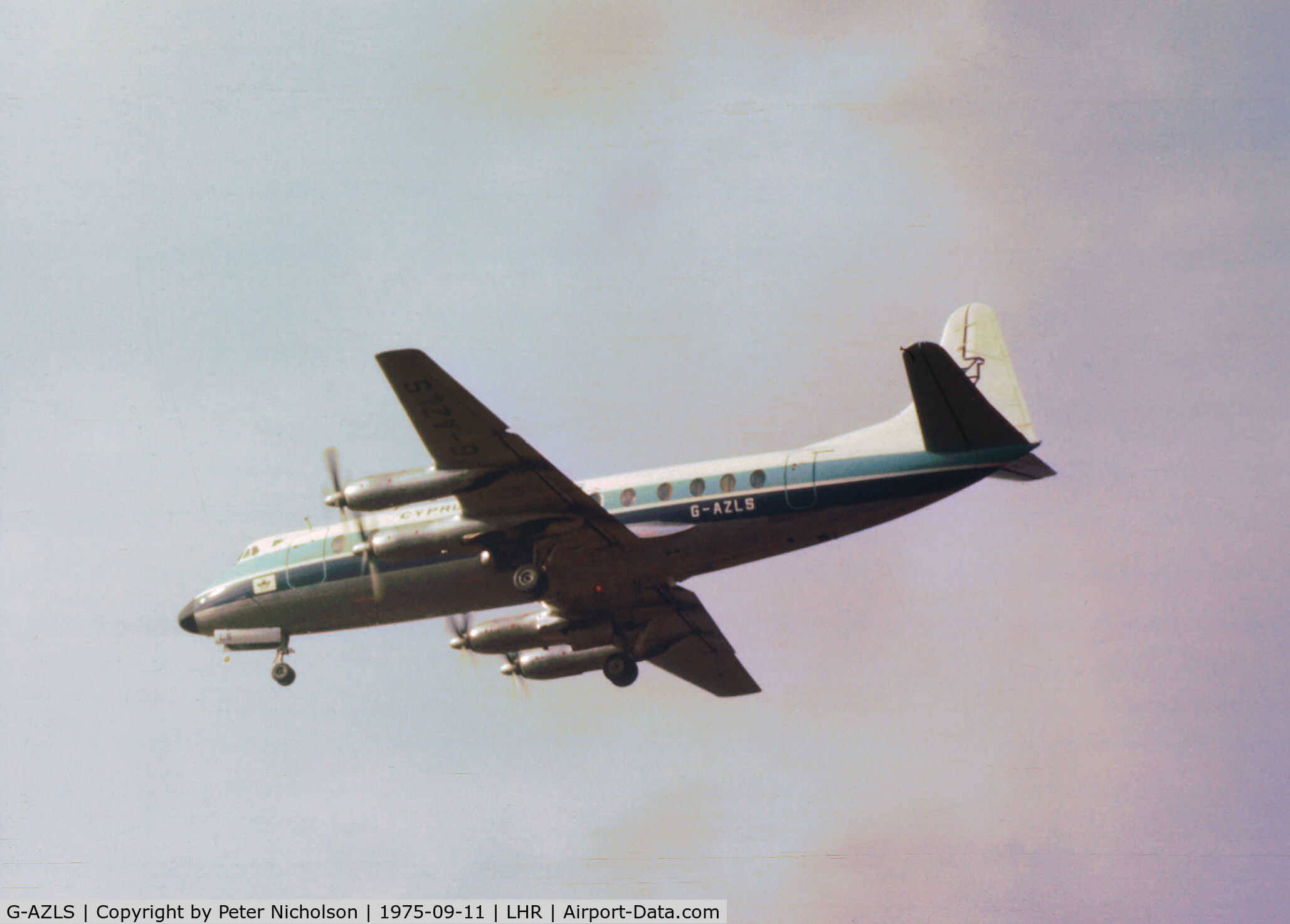 G-AZLS, 1958 Vickers Viscount 813 C/N 348, Viscount 813 of British Midland Airways on lease to Cyprus Airways on final approach to Heathrow in September 1975.