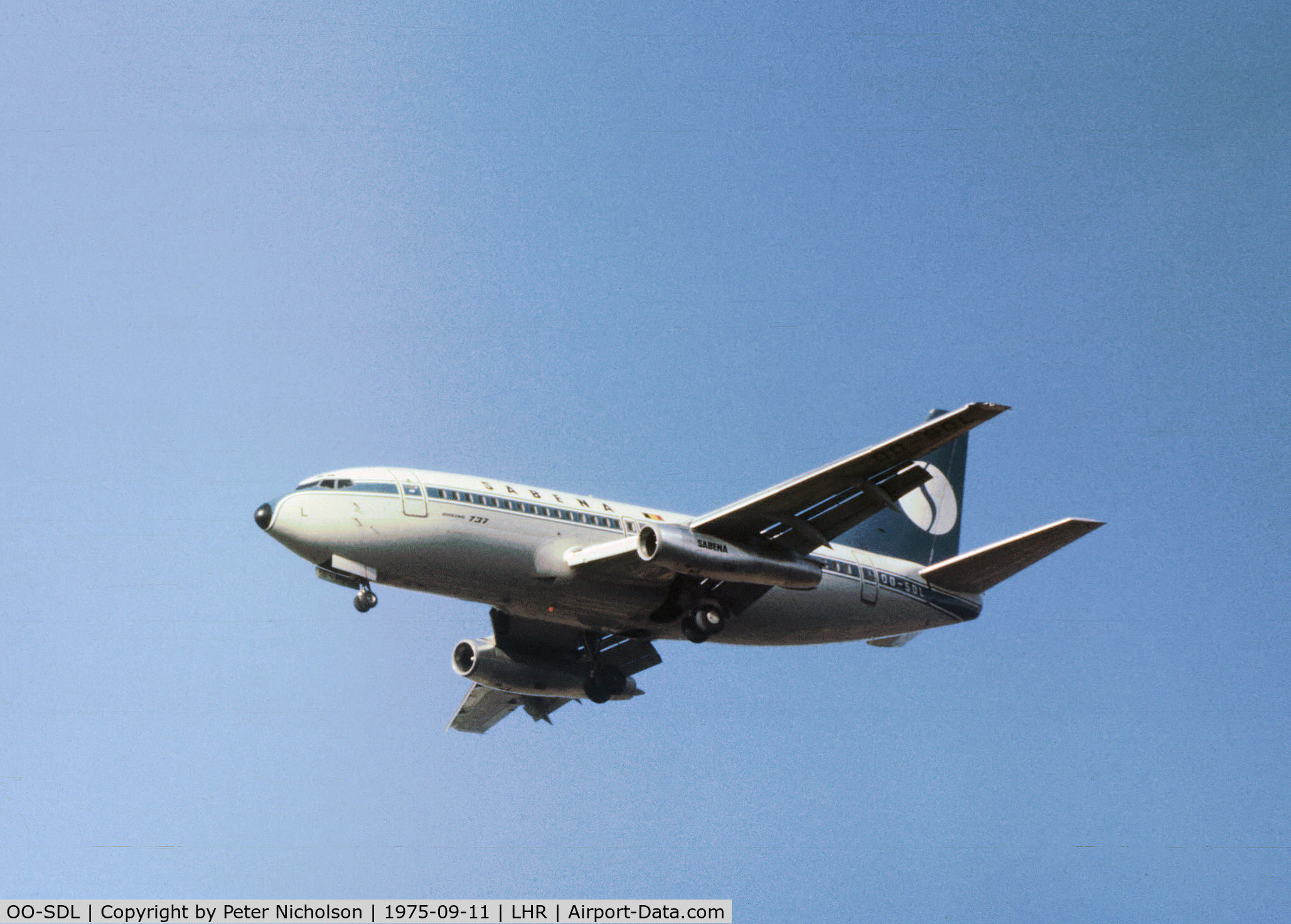 OO-SDL, 1975 Boeing 737-229 C/N 21136, Boeing 737-229 of Sabena on final approach to Heathrow in September 1975.