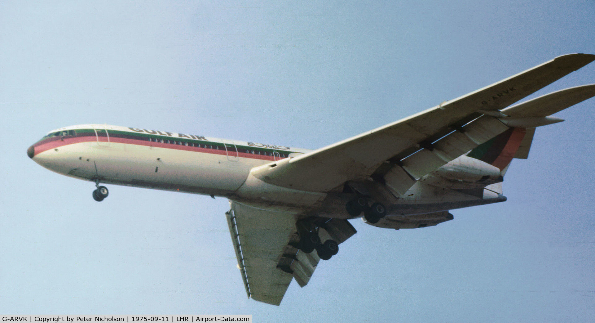 G-ARVK, 1964 Vickers VC10 Srs 1101 C/N 813, Gulf Air VC.10 on final approach to Heathrow in September 1975.