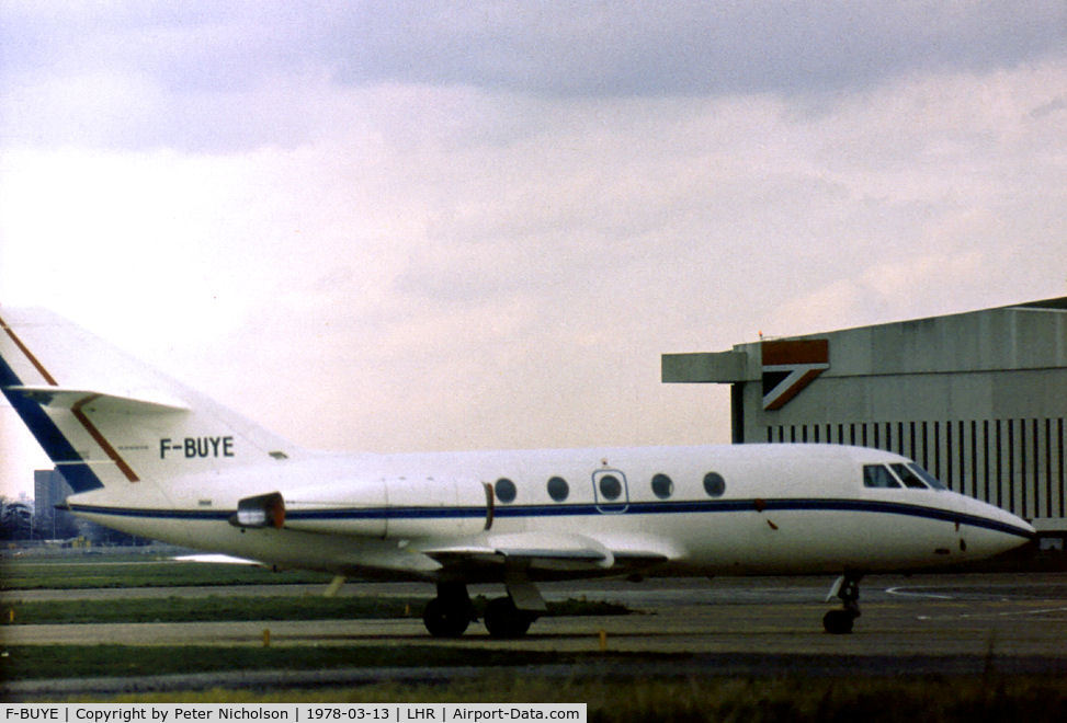 F-BUYE, 1973 Dassault Falcon (Mystere) 20E C/N 288, Falcon 20E of Europe Falcon Service visiting Heathrow in the Spring of 1978.