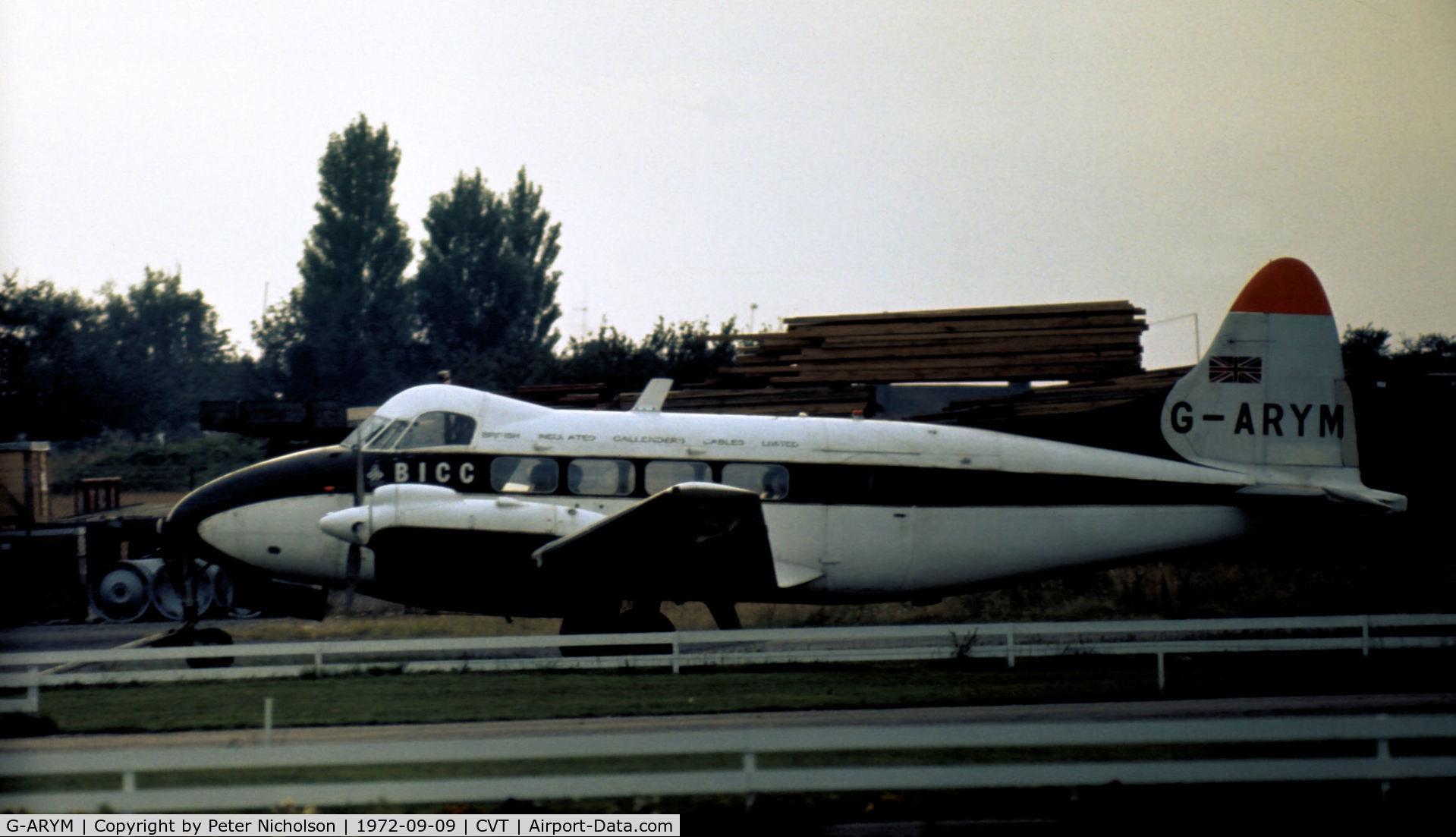 G-ARYM, 1962 De Havilland DH-104 Dove 8 C/N 04529, Dove 8 of British Insulated Callander Cables as seen at Coventry in September 1972.