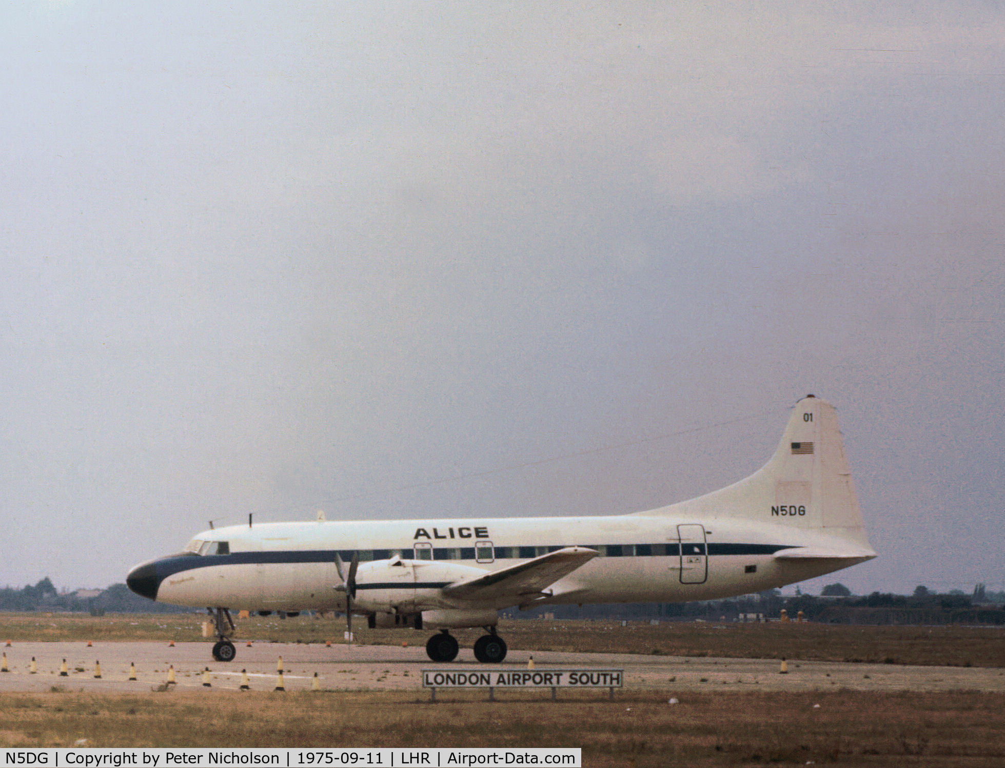 N5DG, 1954 Convair 440 Metropolitan C/N 148, Former German Air Force Convair 340 visiting Heathrow in September 1975.
