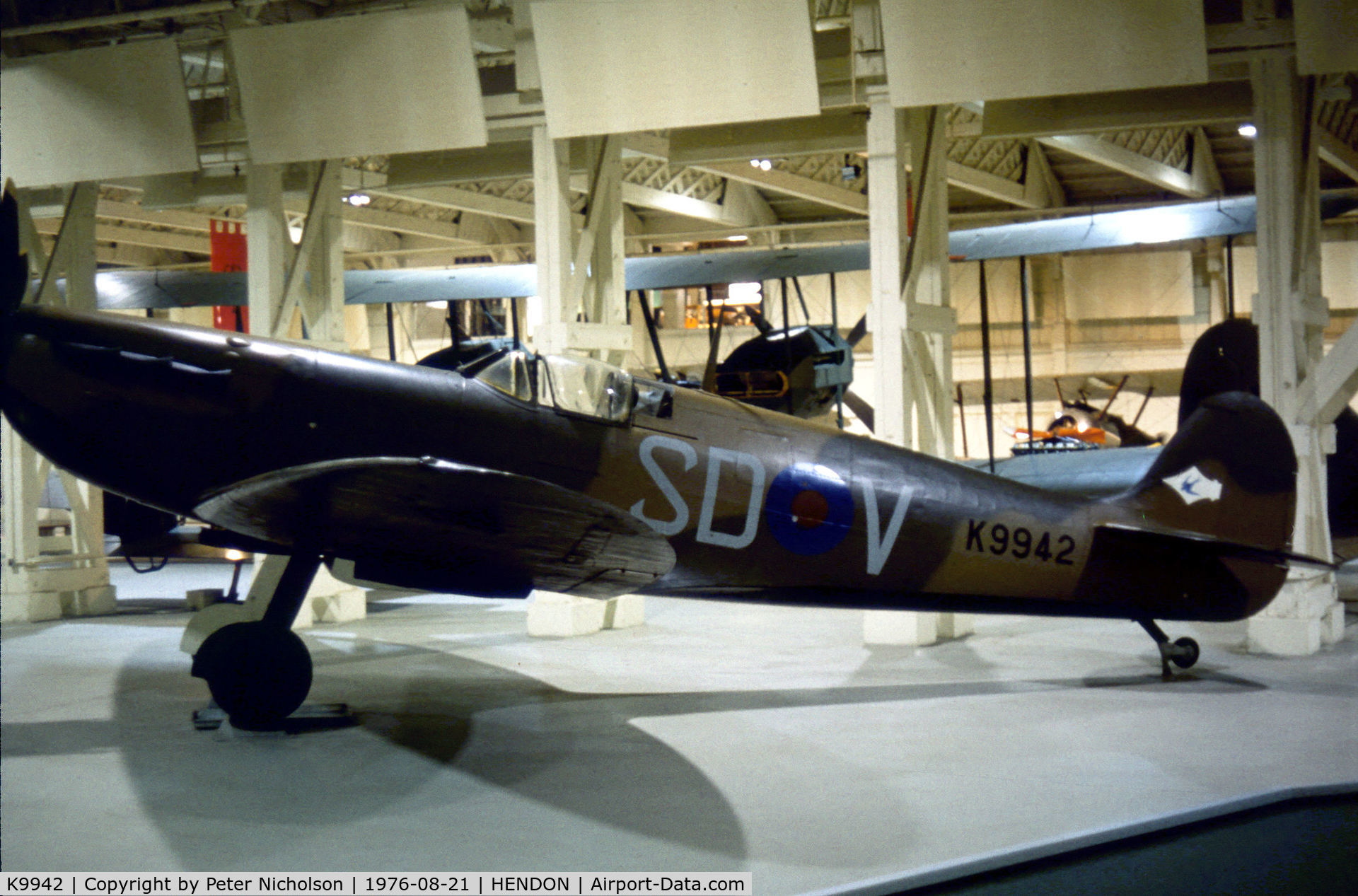 K9942, 1939 Supermarine Spitfire Mk IA C/N 6S/30225, Spitfire IA with RAF Maintenance serial 8383M of the Royal Air Force Museum Hendon as displayed in the Summer of 1976.