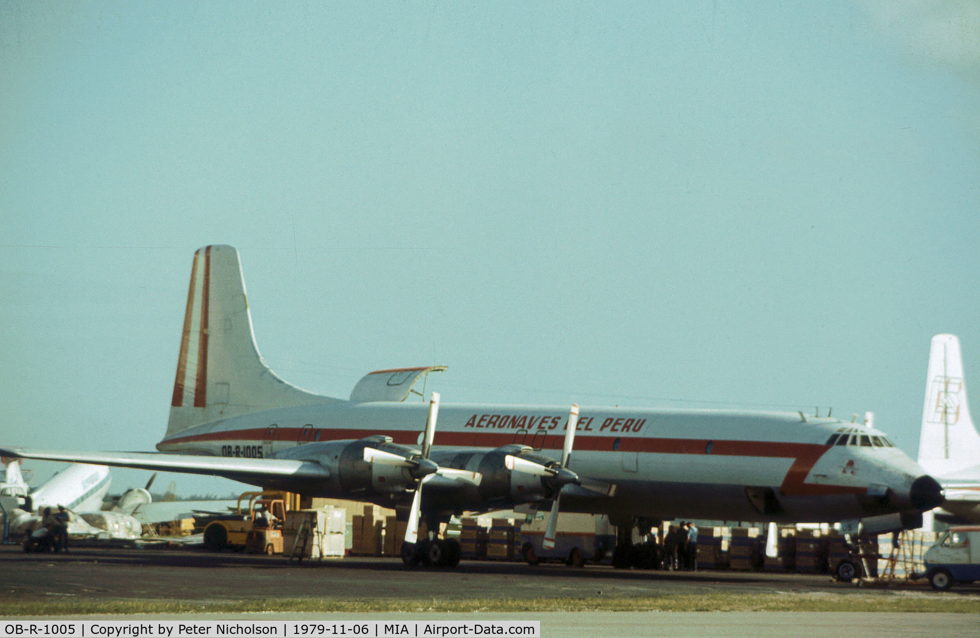 OB-R-1005, 1960 Canadair CL-44-6 (CC-106 Yukon) C/N 6, CL-44-D6 of Aeronaves del Peru as seen at Miami in November 1979.