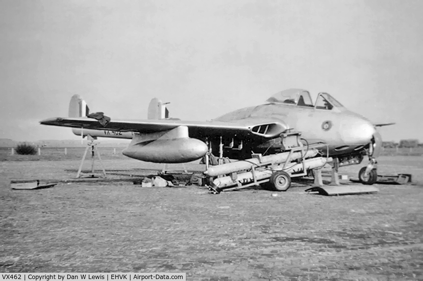 VX462, De Havilland DH-100 Vampire FB.5 C/N Not found VX462, An English Electric built Vampire serving with B Flight 26 Squadron RAF at Volkel Air Base, Netherlands in 1951 undergoing a wheel change.
