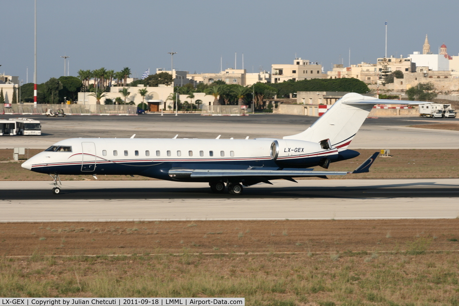 LX-GEX, 1998 Bombardier BD-700-1A10 Global Express C/N 9013, Landing Runway 31. This Bombardier brought Libyan Delegation on an unexpected visit to Malta.
