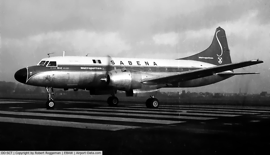 OO-SCT, 1956 Convair 440 Metropolitan C/N 381, Late 1950's.Warming up engines for daily flight.Brussels Antwerp London.