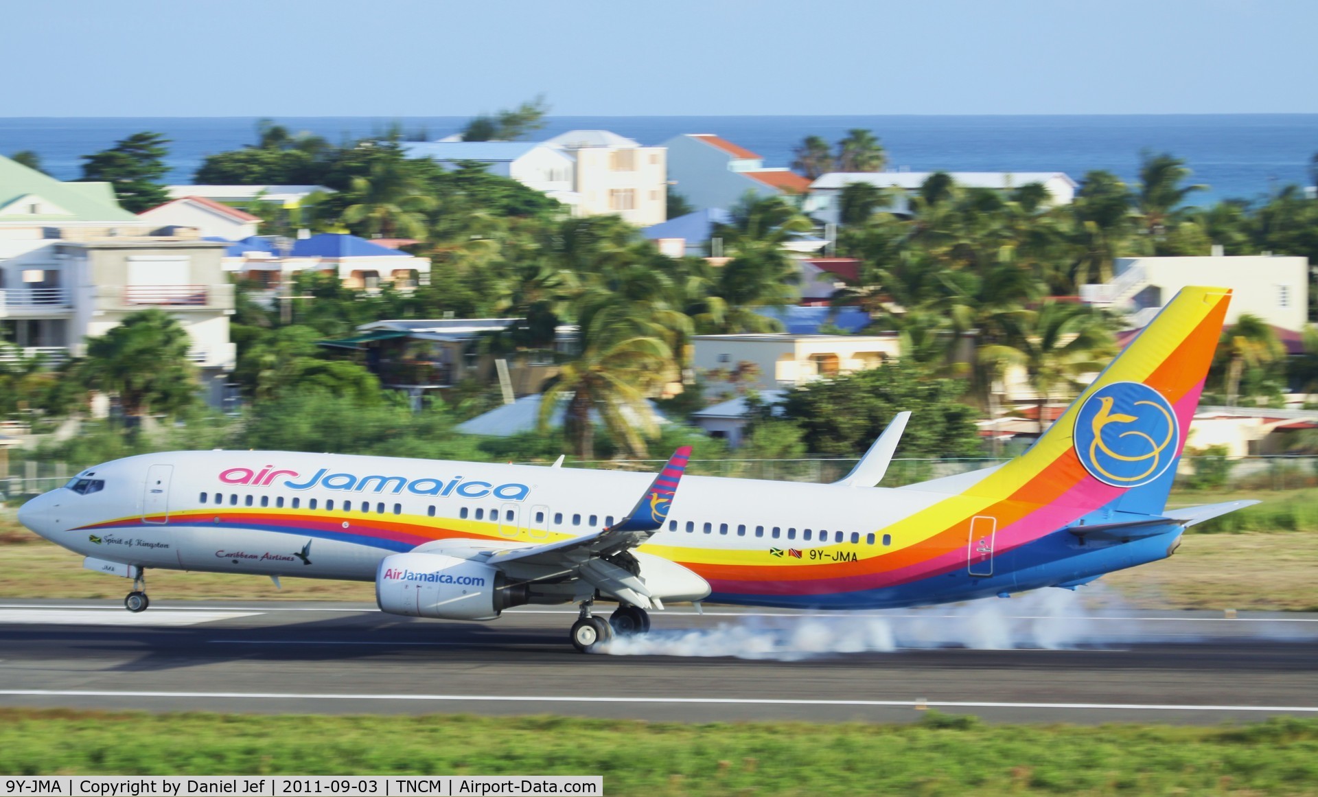 9Y-JMA, 2002 Boeing 737-8Q8 C/N 30645, Air Jamaica landing at TNCM