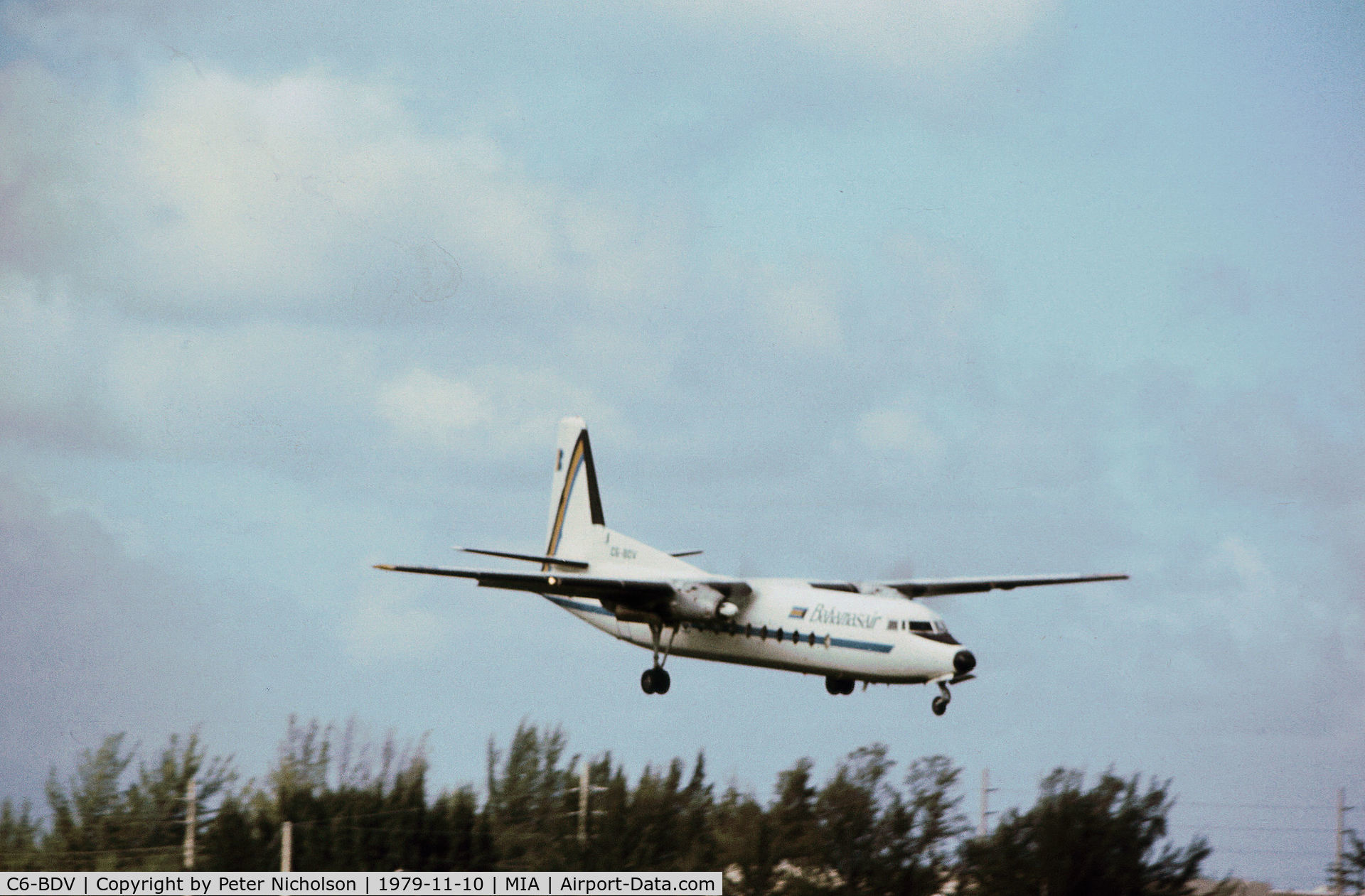 C6-BDV, 1966 Fairchild Hiller FH-227E C/N 509, FH-227E Friendship of Bahamasair on final approach to Miami in November 1979.