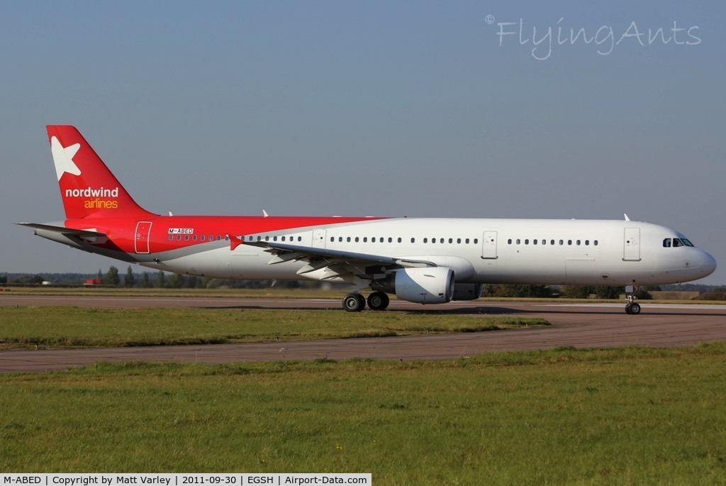M-ABED, 2000 Airbus A321-211 C/N 1219, About to depart EGSH after spray into Nordwind Airlines.