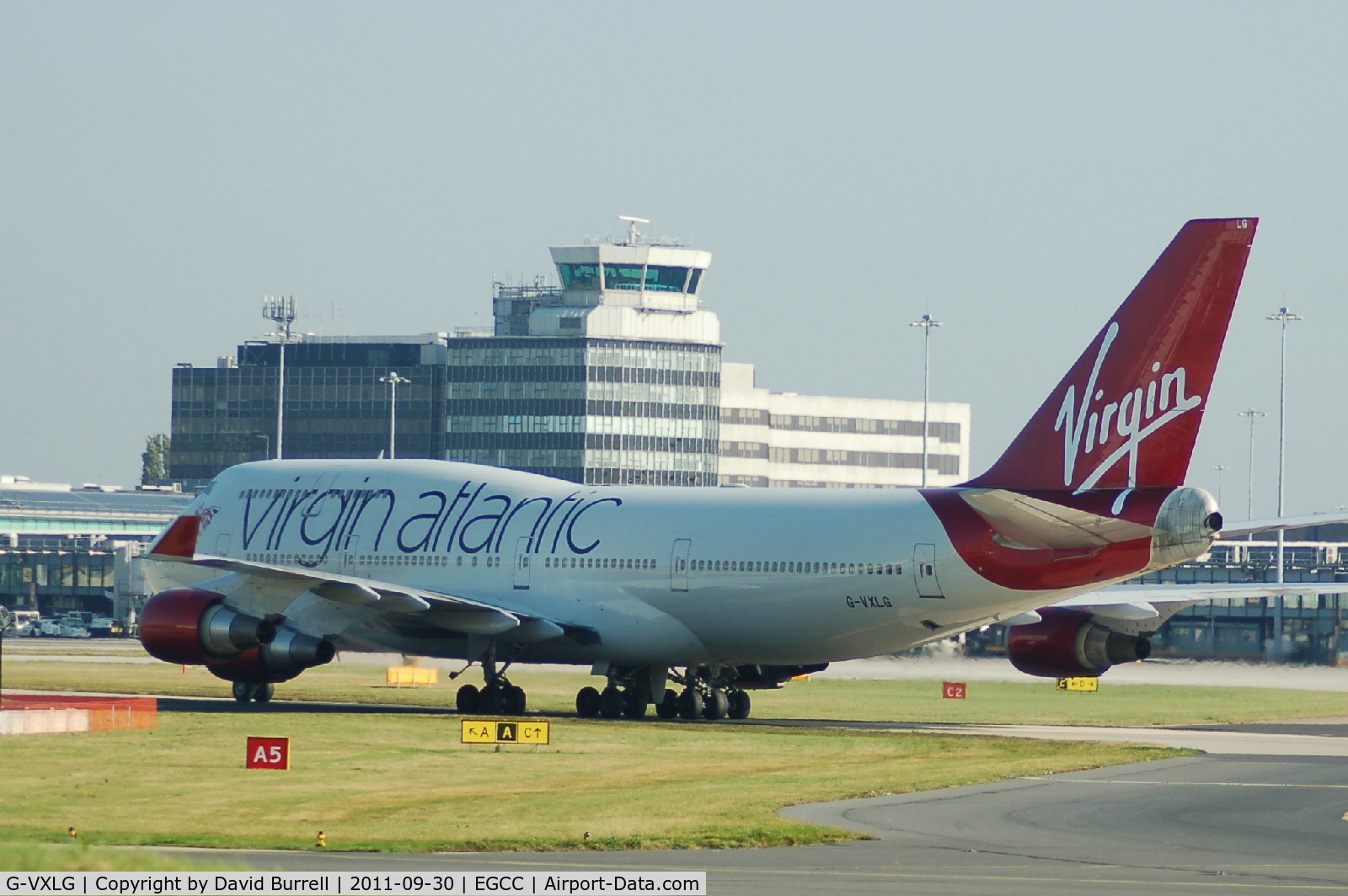 G-VXLG, 1998 Boeing 747-41R C/N 29406, Virgin Atlantic Boeing 747 taxiing at Manchester Airport.