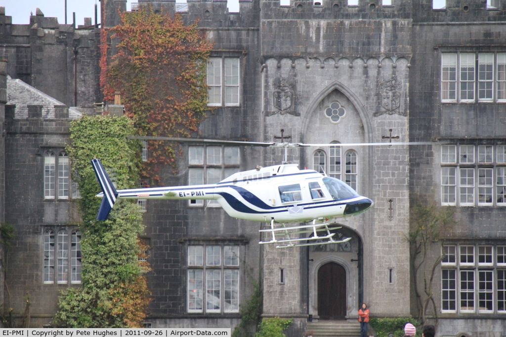 EI-PMI, 1981 Agusta AB-206B JetRanger II C/N 8614, EI-PMI Jet Ranger just airborne in front of Birr Castle, Birr, Co Ofally during the 2011 Irish Ballooning Championships