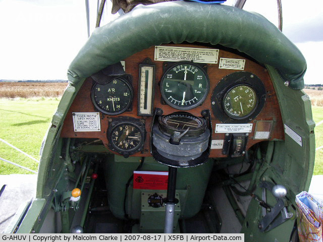 G-AHUV, 1939 De Havilland DH-82A Tiger Moth II C/N 3894, Rear cockpit. De Havilland DH-82A Tiger Moth, Fishburn Airfield, August 2011.