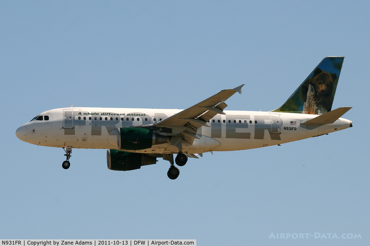 N931FR, 2004 Airbus A319-111 C/N 2253, Frontier Airlines landing at DFW Airport