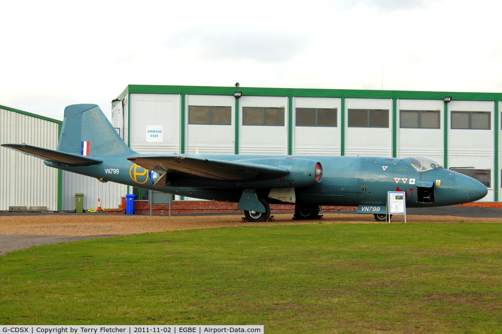 G-CDSX, 1954 English Electric Canberra T.4 C/N EEP71367, At Airbase Museum at Coventry Airport - wearing false serial VN799 - real id is WJ874